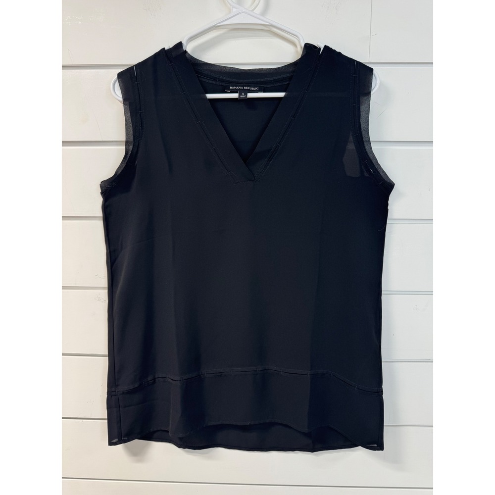 Banana Republic Black Sleeveless V-Neck Blouse Mesh Trim Top Small